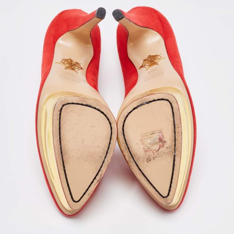 Pre Owned Charlotte Olympia Red Suede Dolly Platform Pumps Size 38.5