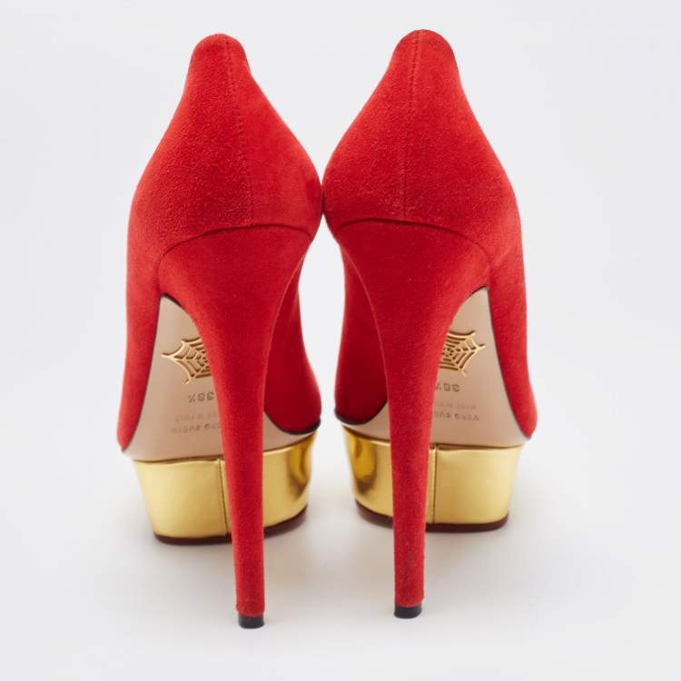 Pre Owned Charlotte Olympia Red Suede Dolly Platform Pumps Size 38.5