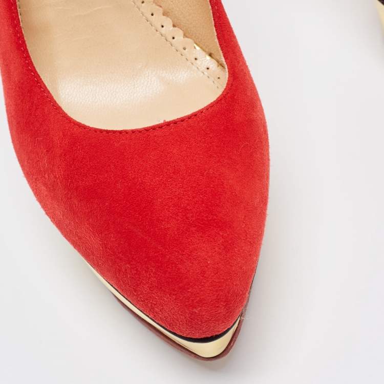 Pre Owned Charlotte Olympia Red Suede Dolly Platform Pumps Size 38.5