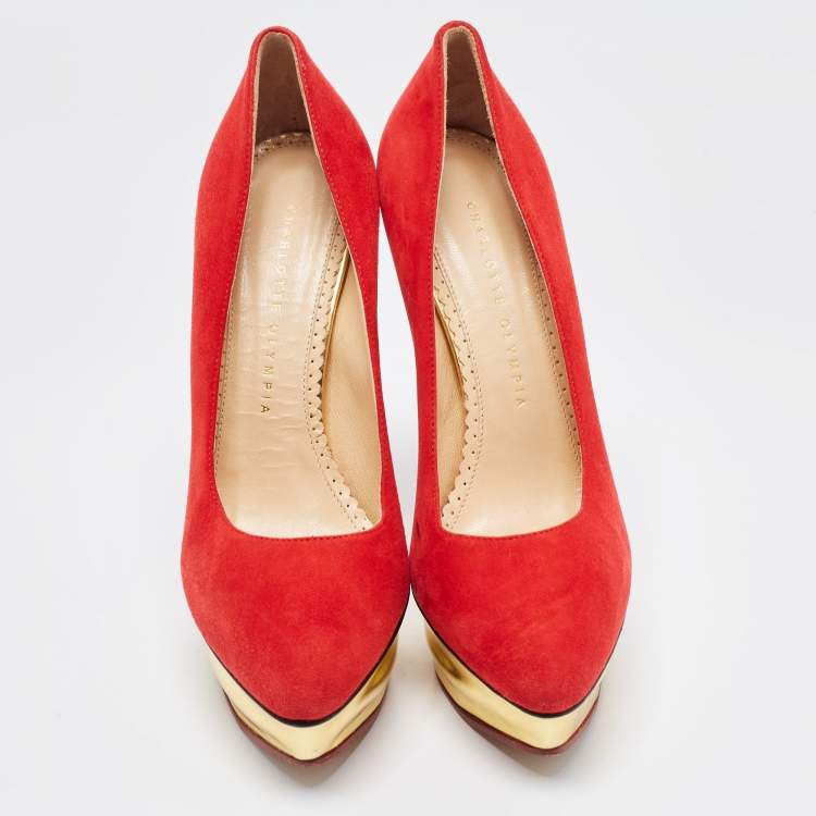 Pre Owned Charlotte Olympia Red Suede Dolly Platform Pumps Size 38.5