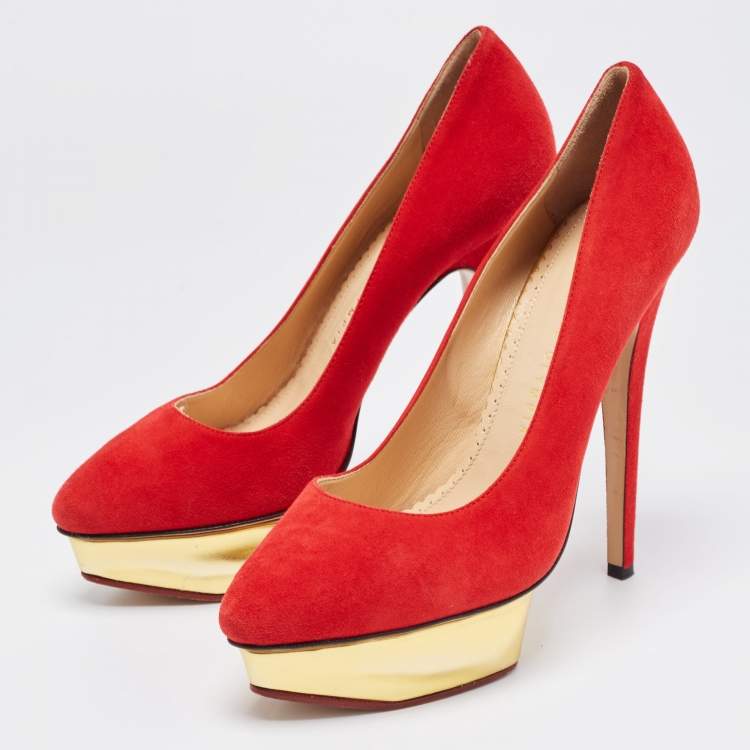 Pre Owned Charlotte Olympia Red Suede Dolly Platform Pumps Size 38.5