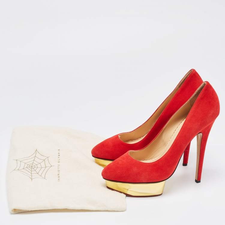 Pre Owned Charlotte Olympia Red Suede Dolly Platform Pumps Size 38.5