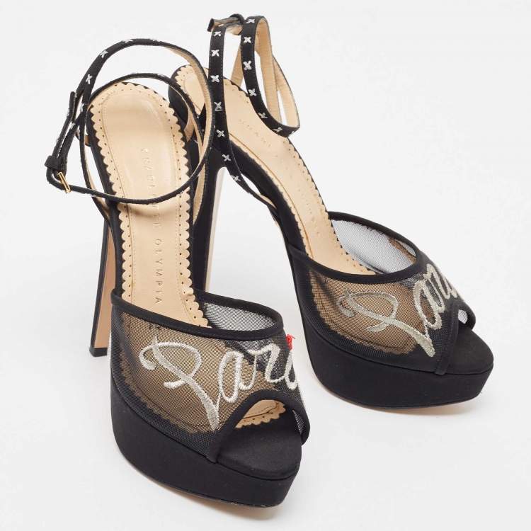Pre Owned Charlotte Olympia Black Mesh and Canvas Platform Sandals Size 37.5