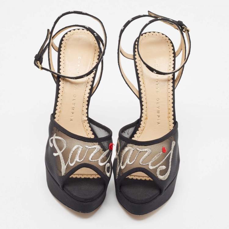 Pre Owned Charlotte Olympia Black Mesh and Canvas Platform Sandals Size 37.5