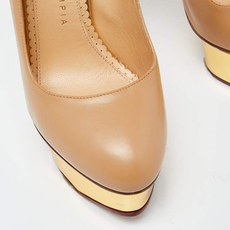 Pre Owned Charlotte Olympia Beige Leather Dolly Pumps Size 35