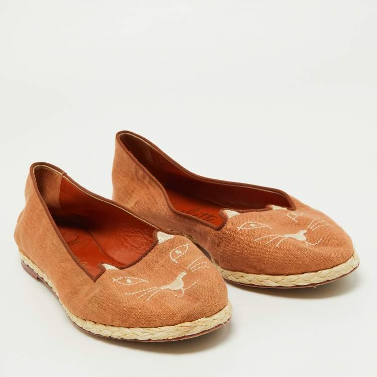 Pre Owned Charlotte Olympia Brown Canvas Espadrilles Flats Size 37