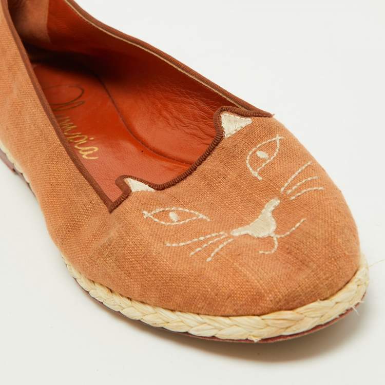 Pre Owned Charlotte Olympia Brown Canvas Espadrilles Flats Size 37