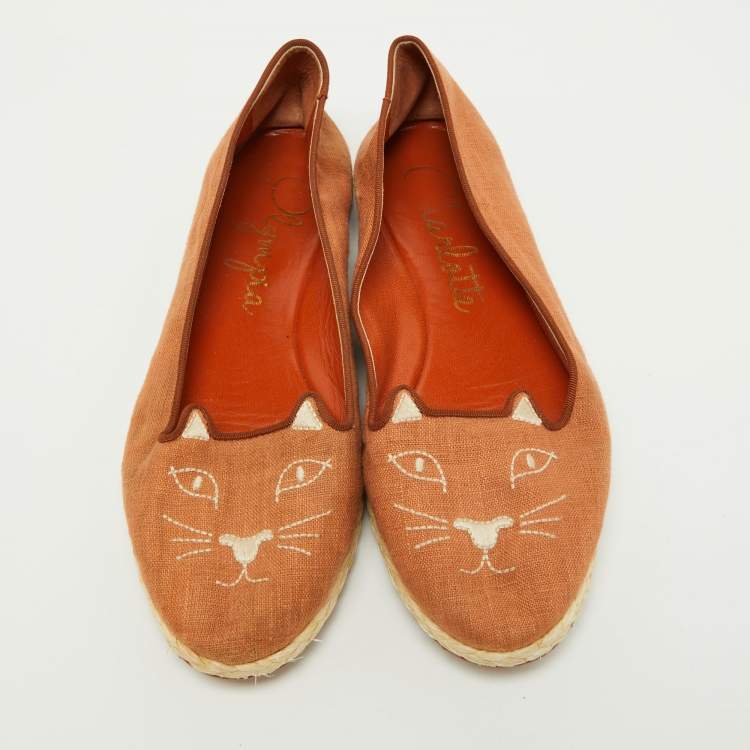 Pre Owned Charlotte Olympia Brown Canvas Espadrilles Flats Size 37