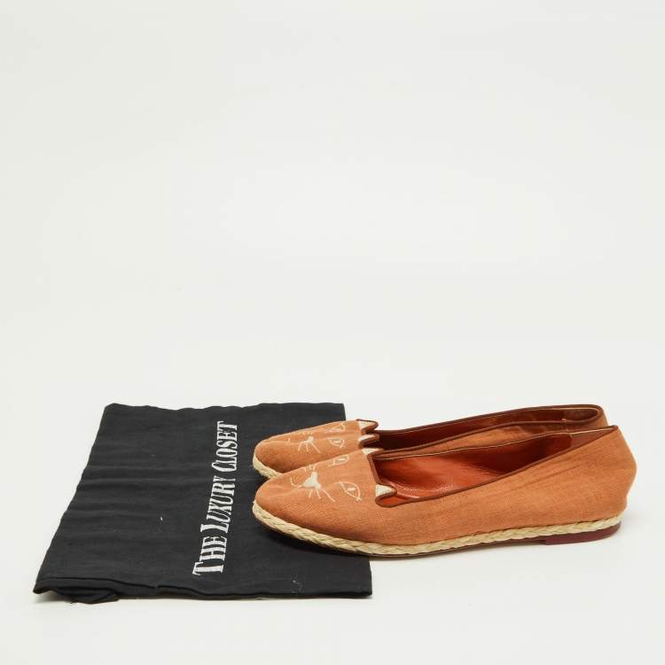 Pre Owned Charlotte Olympia Brown Canvas Espadrilles Flats Size 37