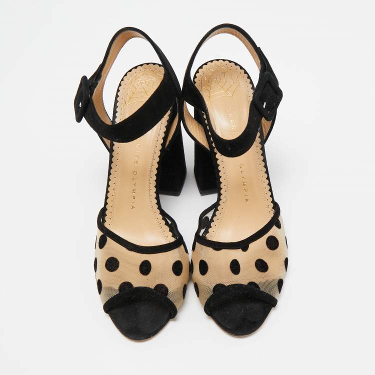 Pre Owned Charlotte Olympia Black Polka Dot Mesh and Suede Ankle Strap Sandals Size 38