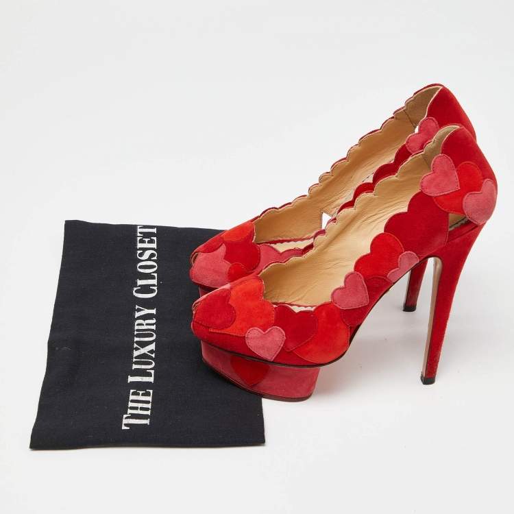 Pre Owned Charlotte Olympia Red/Pink Suede Love Me Heart Appliqued Dolly Pumps Size 36.5