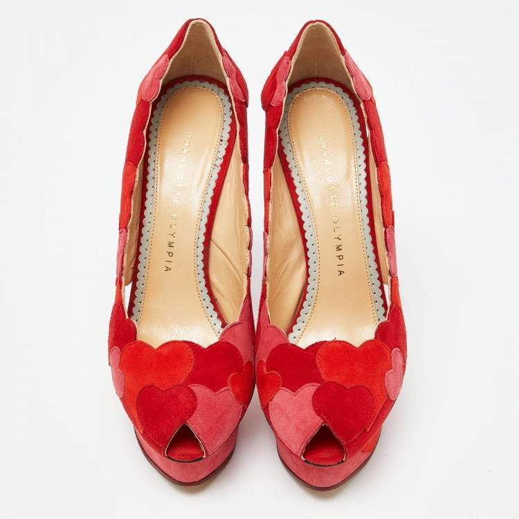Pre Owned Charlotte Olympia Red/Pink Suede Love Me Heart Appliqued Dolly Pumps Size 36.5