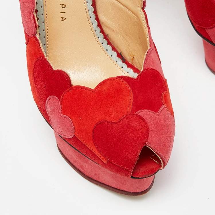 Pre Owned Charlotte Olympia Red/Pink Suede Love Me Heart Appliqued Dolly Pumps Size 36.5
