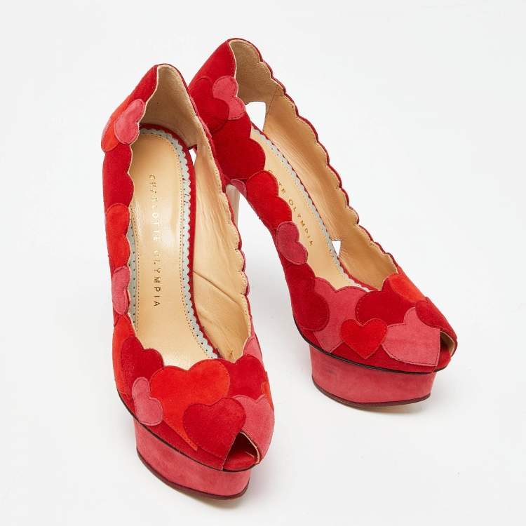 Pre Owned Charlotte Olympia Red/Pink Suede Love Me Heart Appliqued Dolly Pumps Size 36.5