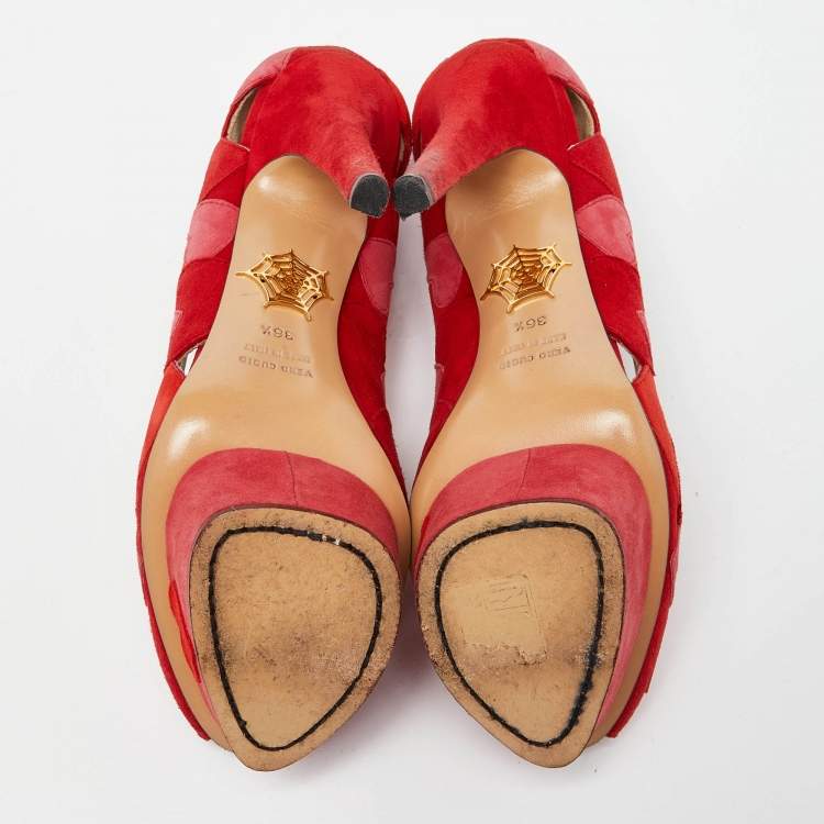 Pre Owned Charlotte Olympia Red/Pink Suede Love Me Heart Appliqued Dolly Pumps Size 36.5