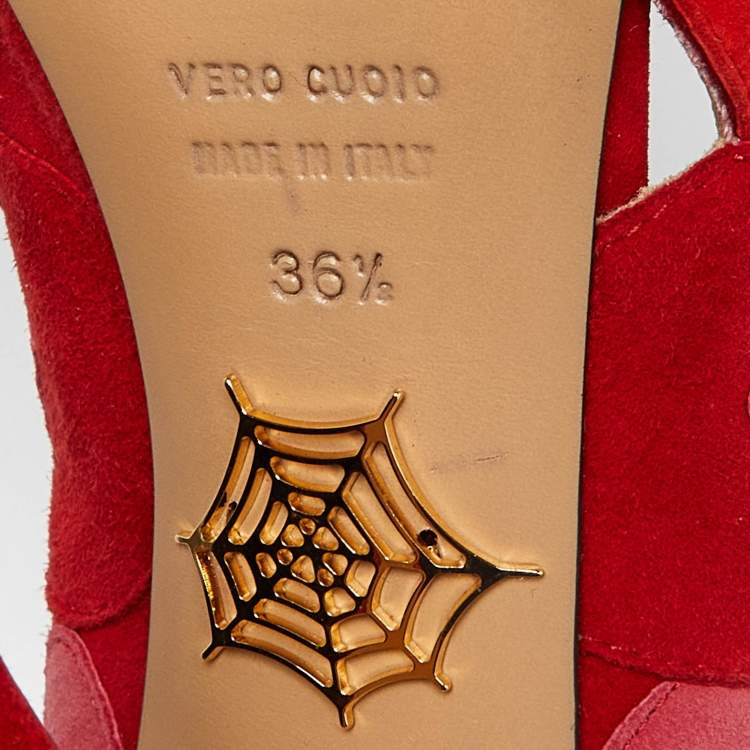 Pre Owned Charlotte Olympia Red/Pink Suede Love Me Heart Appliqued Dolly Pumps Size 36.5