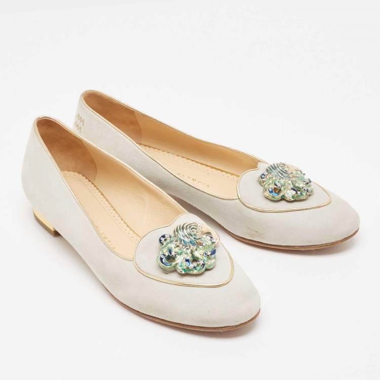 Pre Owned Charlotte Olympia Grey Suede Aquarius Zodiac Smoking Slippers Size 41