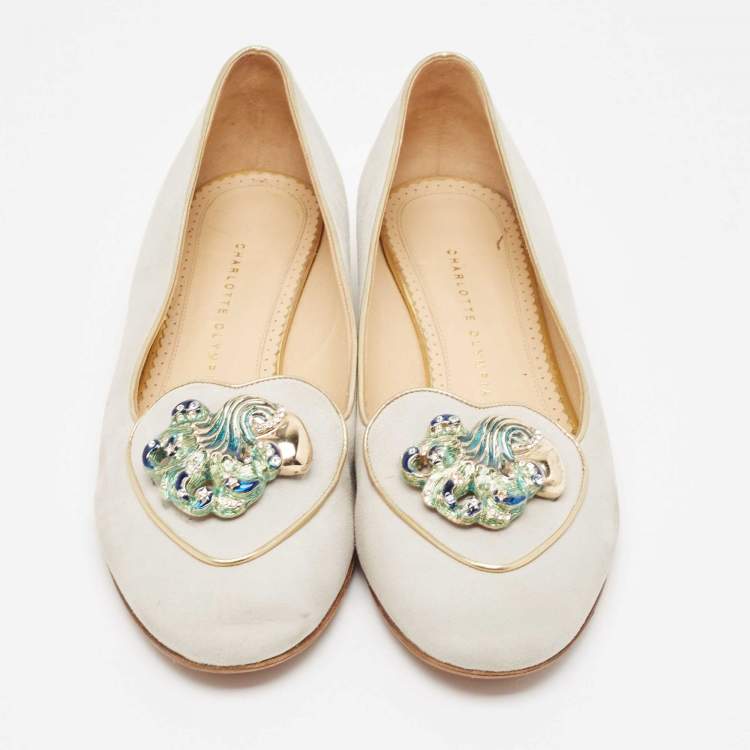 Pre Owned Charlotte Olympia Grey Suede Aquarius Zodiac Smoking Slippers Size 41