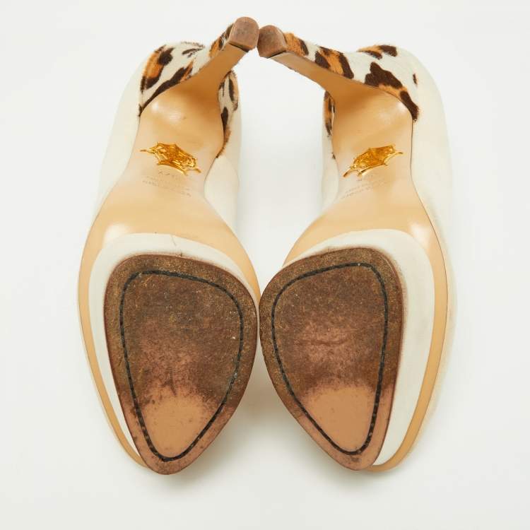 Pre Owned Charlotte Olympia Beige Fabric and Calfhair Dolly Platform Pumps Size 37.5