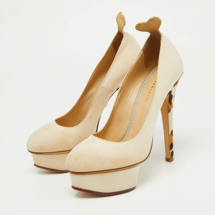 Pre Owned Charlotte Olympia Beige Fabric and Calfhair Dolly Platform Pumps Size 37.5