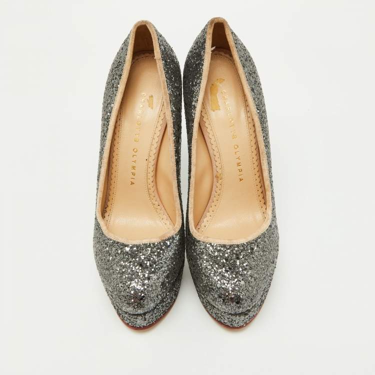 Pre Owned Charlotte Olympia Metallic Grey Coarse Glitter Dolly Pumps Size 37