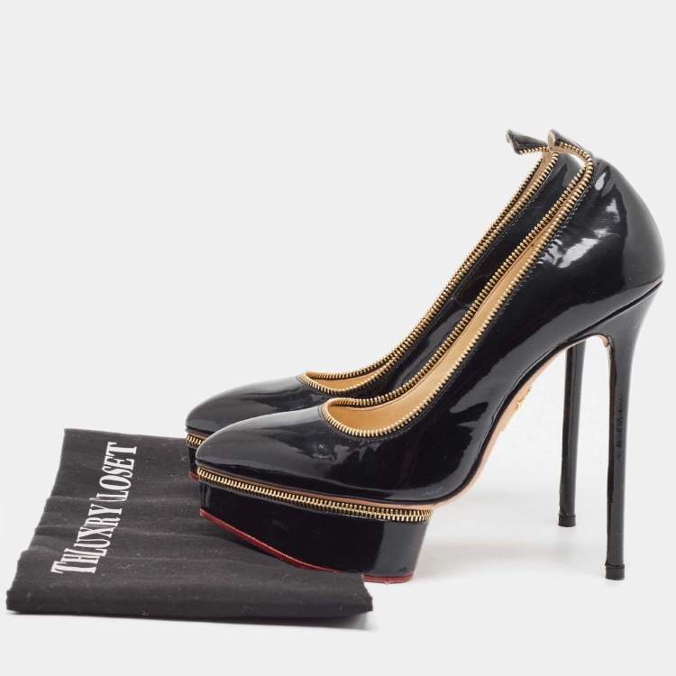 Pre Owned Charlotte Olympia x Agent Provocateur Black Patent Leather Zipper Detail Platform Pumps Size 35
