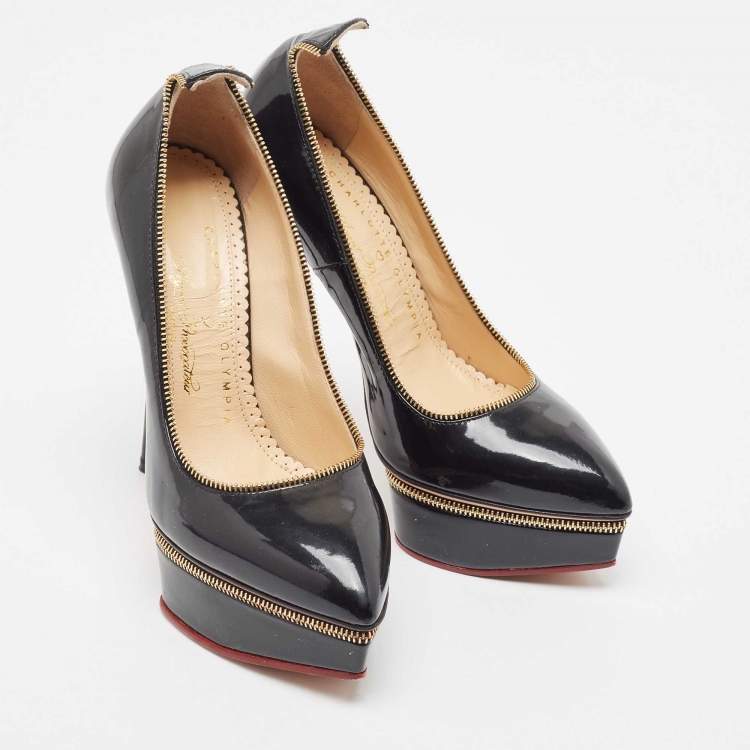 Pre Owned Charlotte Olympia x Agent Provocateur Black Patent Leather Zipper Detail Platform Pumps Size 35