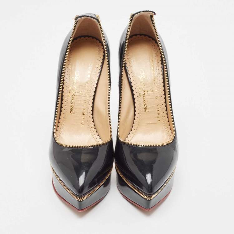 Pre Owned Charlotte Olympia x Agent Provocateur Black Patent Leather Zipper Detail Platform Pumps Size 35