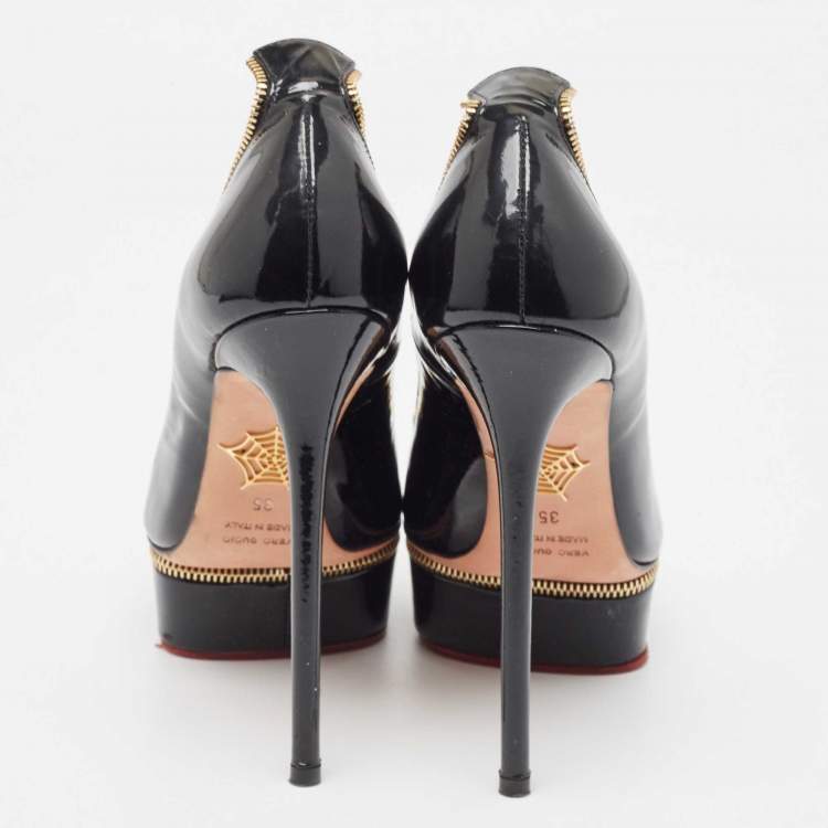 Pre Owned Charlotte Olympia x Agent Provocateur Black Patent Leather Zipper Detail Platform Pumps Size 35