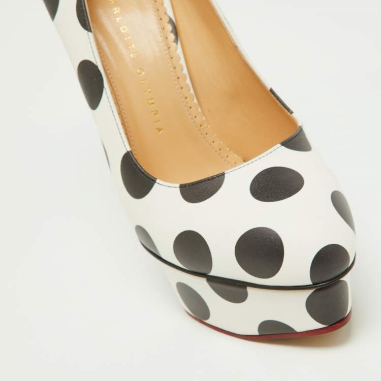 Pre Owned Charlotte Olympia White/Black Polka Dot Print Leather Dolly Platform Pumps Size 40