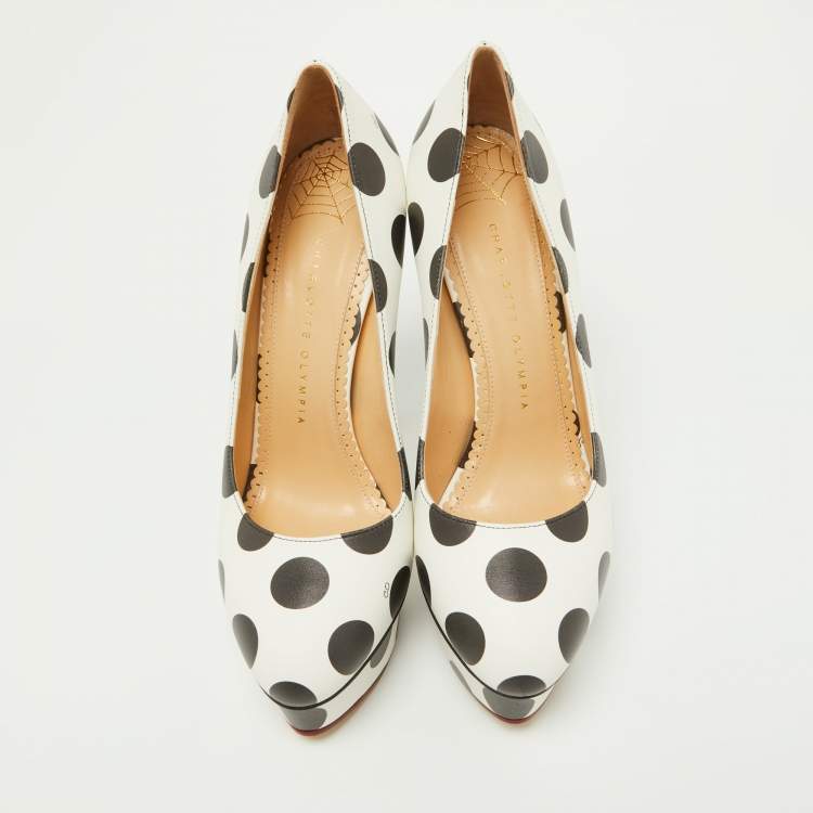 Pre Owned Charlotte Olympia White/Black Polka Dot Print Leather Dolly Platform Pumps Size 40