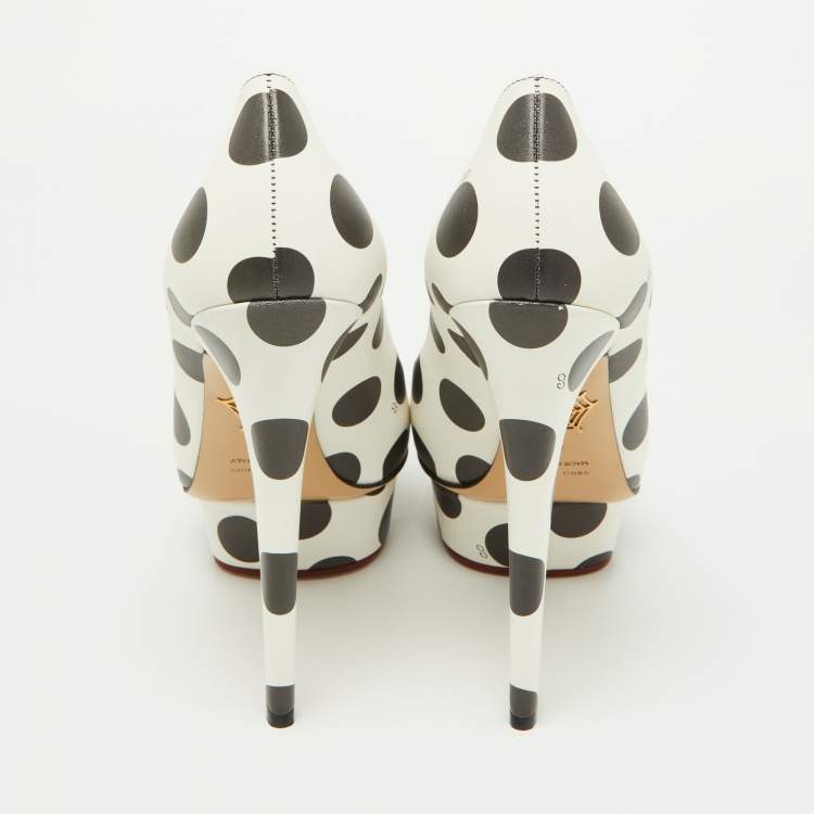 Pre Owned Charlotte Olympia White/Black Polka Dot Print Leather Dolly Platform Pumps Size 40