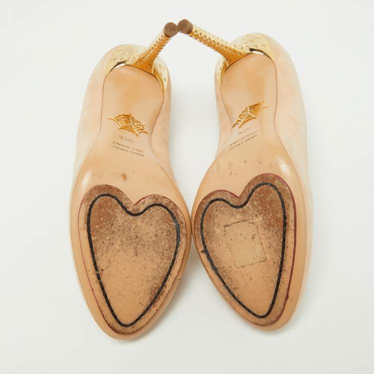 Pre Owned Charlotte Olympia Beige Suede Birthday Zodiac Cancer Pump Size 38.5