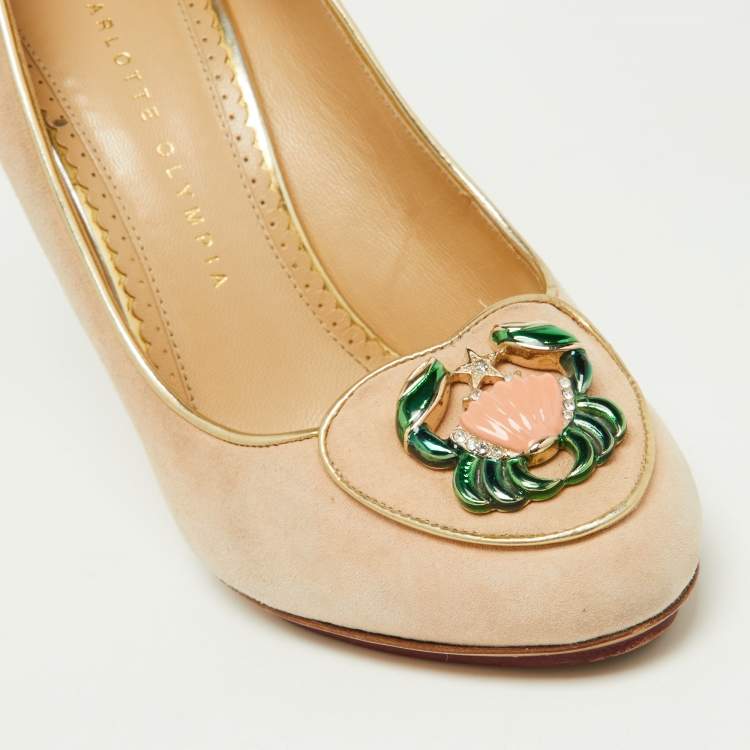 Pre Owned Charlotte Olympia Beige Suede Birthday Zodiac Cancer Pump Size 38.5