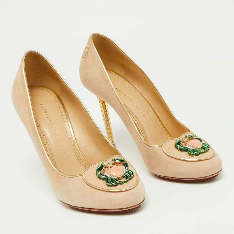 Pre Owned Charlotte Olympia Beige Suede Birthday Zodiac Cancer Pump Size 38.5