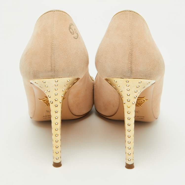 Pre Owned Charlotte Olympia Beige Suede Birthday Zodiac Cancer Pump Size 38.5