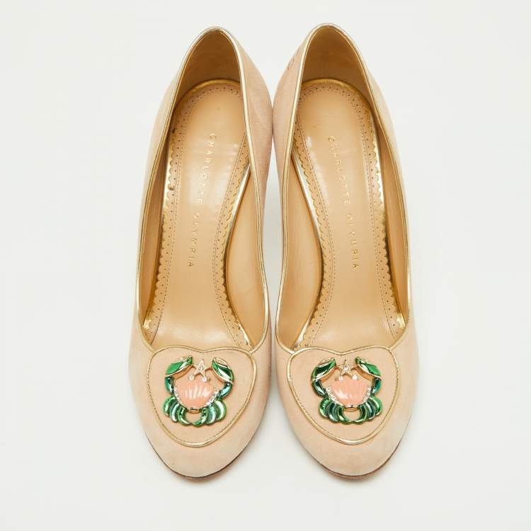 Pre Owned Charlotte Olympia Beige Suede Birthday Zodiac Cancer Pump Size 38.5