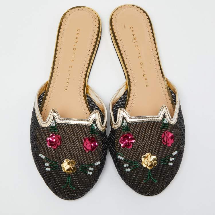 Pre Owned Charlotte Olympia Black/Gold Mesh and Patent Leather Kitsch Kitty Sequin Flat Slides Size 37