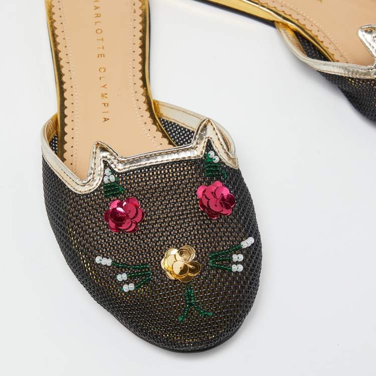 Pre Owned Charlotte Olympia Black/Gold Mesh and Patent Leather Kitsch Kitty Sequin Flat Slides Size 37