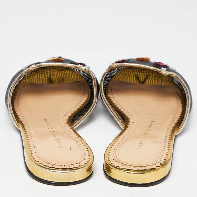 Pre Owned Charlotte Olympia Black/Gold Mesh and Patent Leather Kitsch Kitty Sequin Flat Slides Size 37