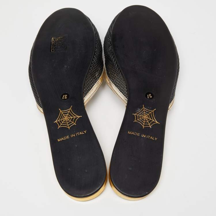 Pre Owned Charlotte Olympia Black/Gold Mesh and Patent Leather Kitsch Kitty Sequin Flat Slides Size 37