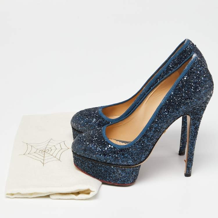 مملوكة مسبقًا Charlotte Olympia Blue Glitter and Fabric Priscilla Platform Pumps Size 38