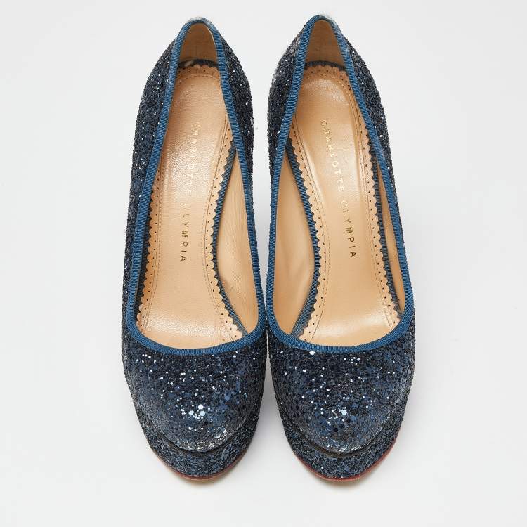 مملوكة مسبقًا Charlotte Olympia Blue Glitter and Fabric Priscilla Platform Pumps Size 38