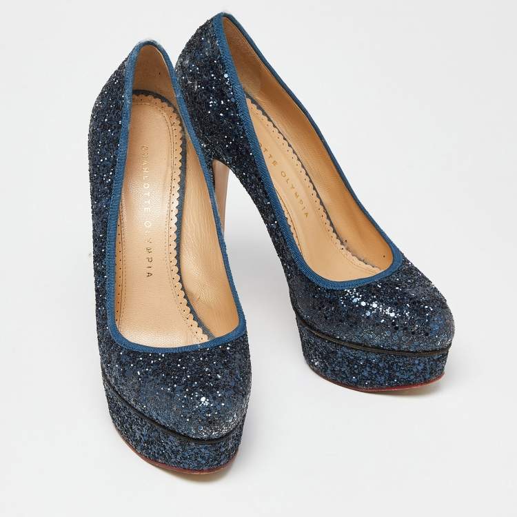 مملوكة مسبقًا Charlotte Olympia Blue Glitter and Fabric Priscilla Platform Pumps Size 38
