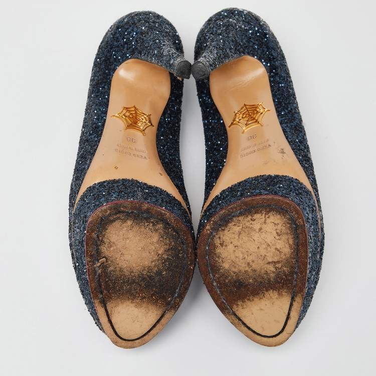 مملوكة مسبقًا Charlotte Olympia Blue Glitter and Fabric Priscilla Platform Pumps Size 38