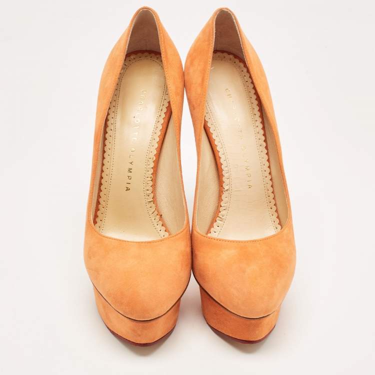 Pre Owned Charlotte Olympia Orange Suede Dolly Pumps Size 37
