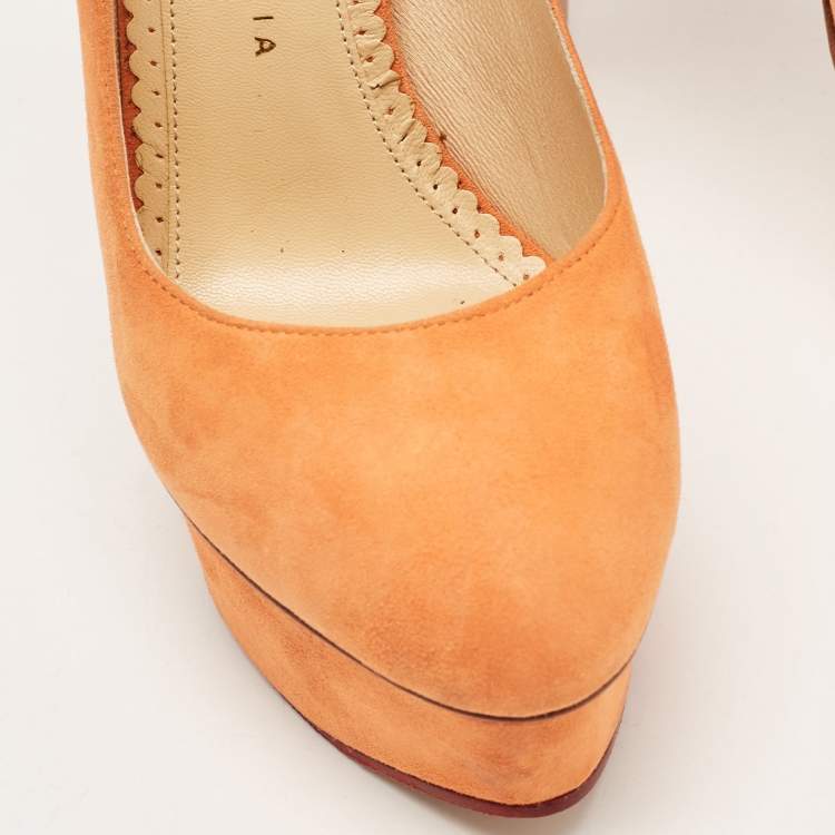 Pre Owned Charlotte Olympia Orange Suede Dolly Pumps Size 37