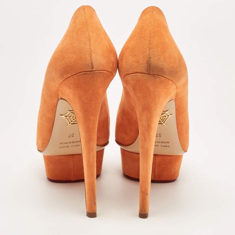Pre Owned Charlotte Olympia Orange Suede Dolly Pumps Size 37