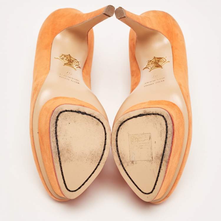 Pre Owned Charlotte Olympia Orange Suede Dolly Pumps Size 37