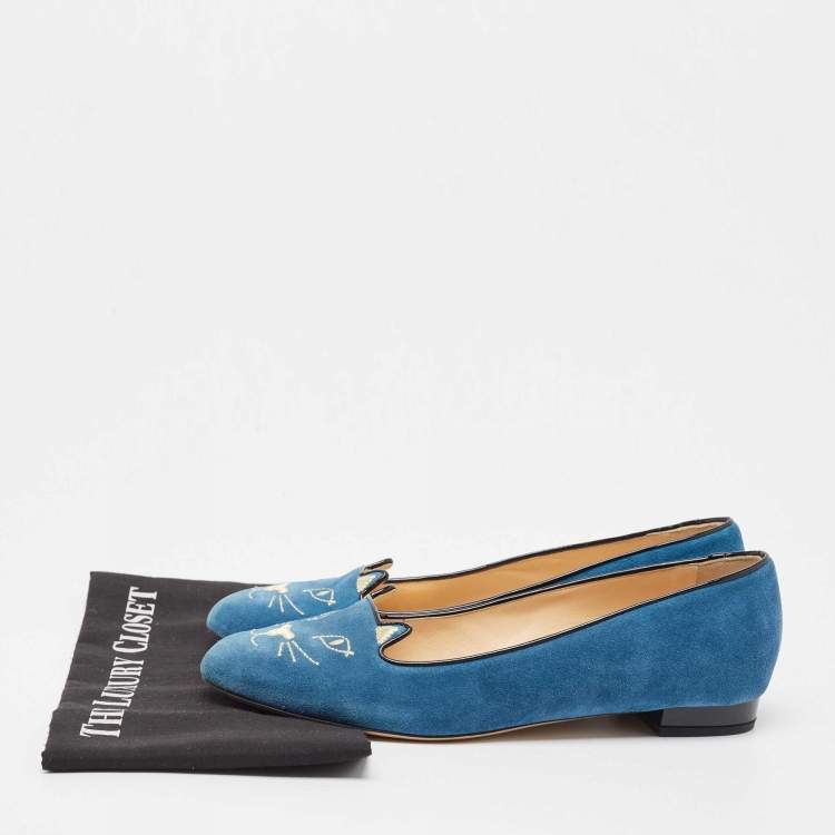 Pre Owned Charlotte Olympia Blue Suede Kitty Ballet Flats Size 42